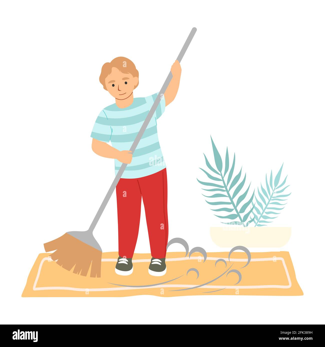 Cute boy sweeping floor with broom, helping parents with cleaning house, flat vector illustration. Kids household chores Stock Vector