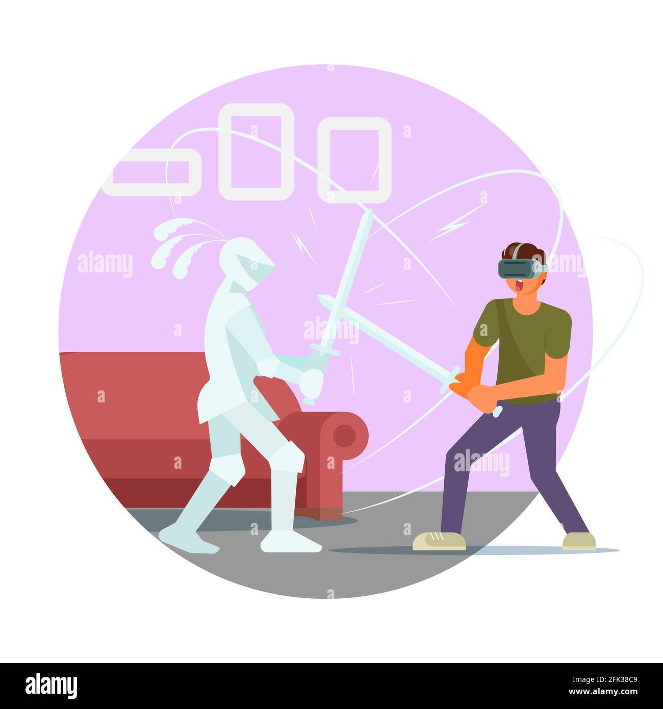 Gamer man in VR glasses fighting with knight, vector illustration