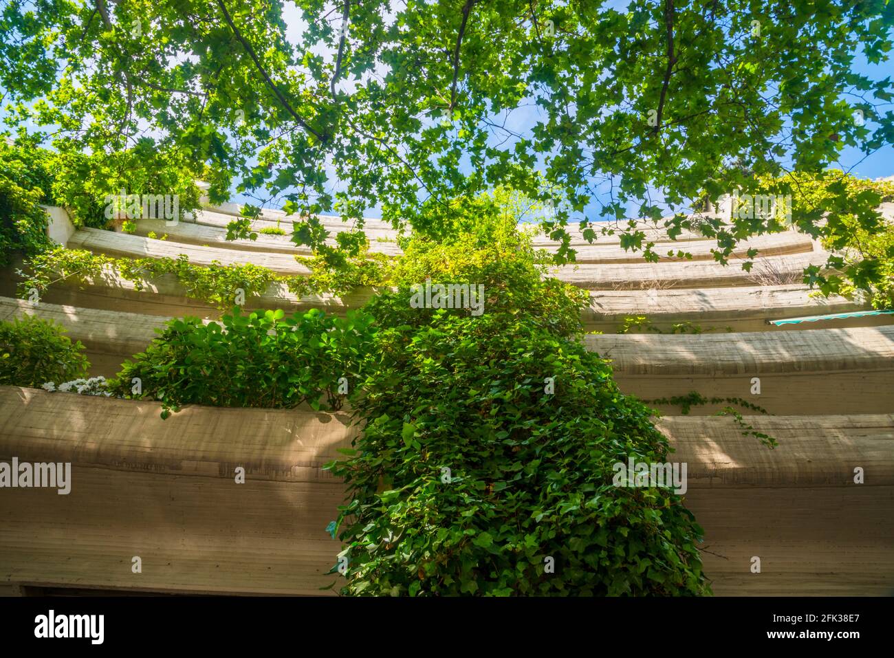 Facade of Oasis building, view from below. Madrid, Spain. Stock Photo