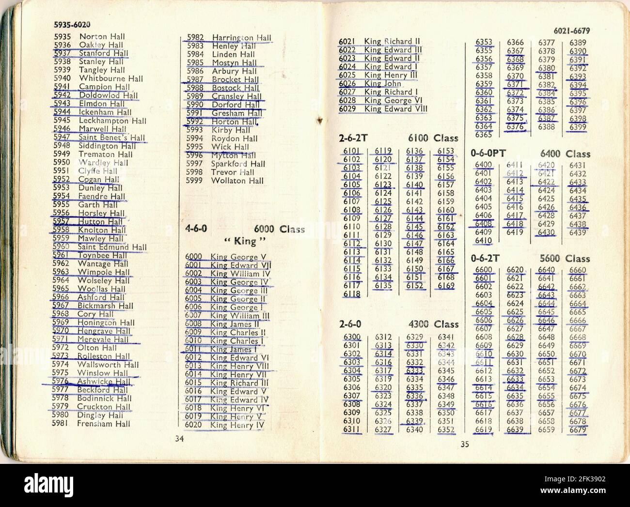 Pages of the 1959 edition Ian Allan trainspotting loco numbers book with numbers