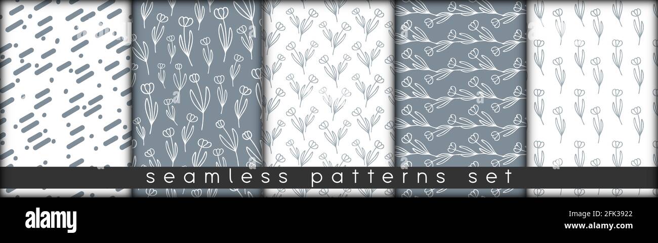 set of combinable seamless patterns. botanical floral hand drawn lineart elements dots spots, ultimate gray and white. design for packaging wrapping fabric textile Stock Vector