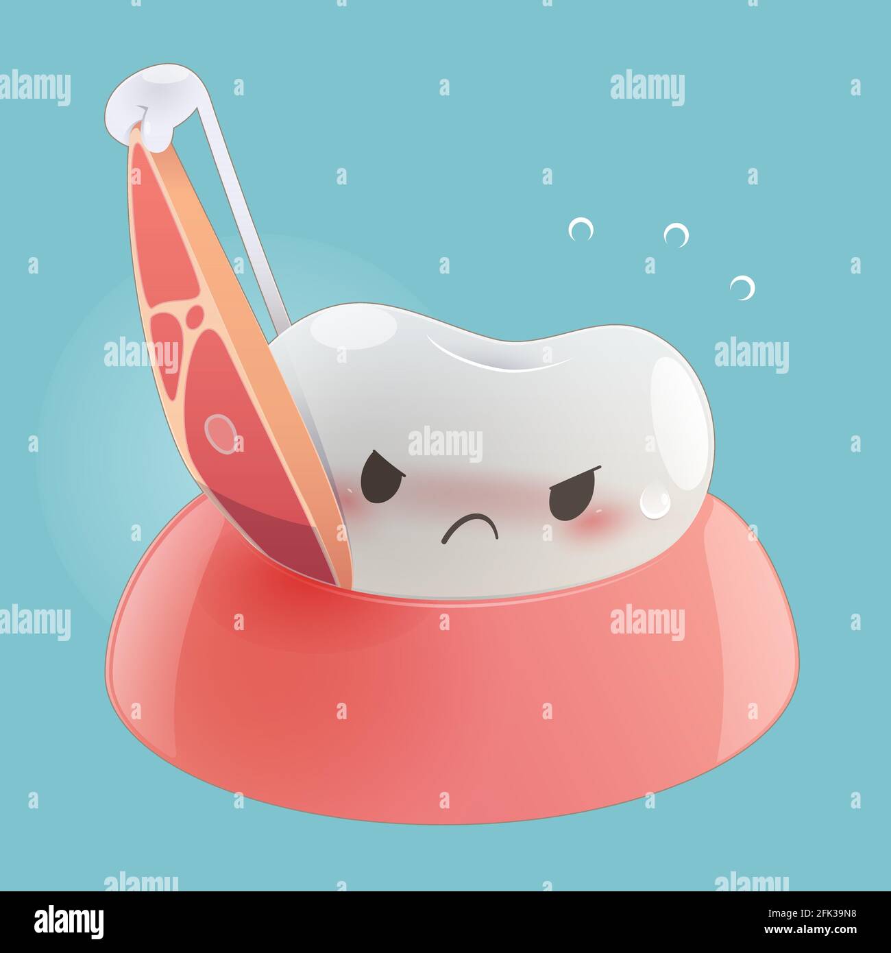 Illustration of cartoon tooth Is pulling the food stuck out of the gums. Meat scraps in gum and