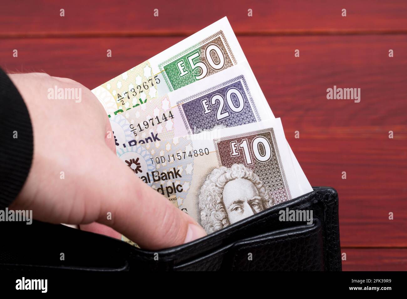Scottish money - Pounds in a black wallet Stock Photo