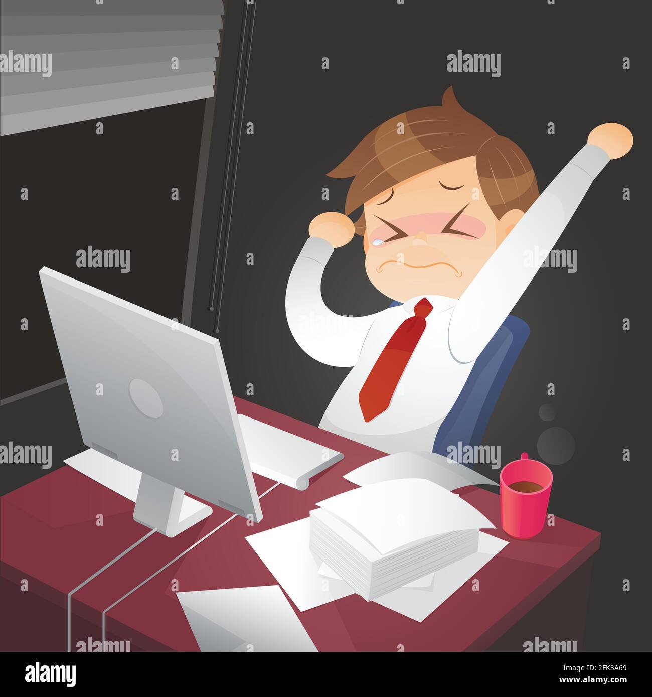Businessman working overtime late night in office Stock Vector