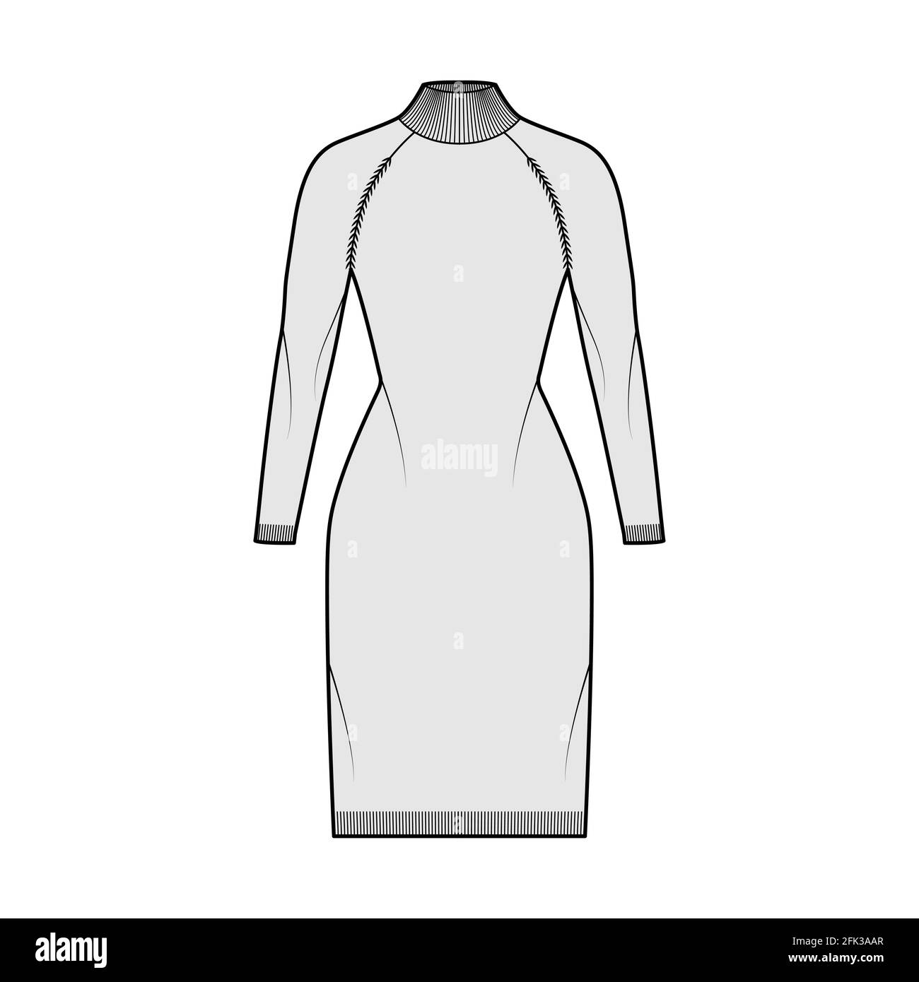 Turtleneck dress Sweater technical fashion illustration with long sleeves, fitted body, knee length, knit trim. Flat jumper apparel front, back grey color style. Women men unisex CAD mockup Stock Vector