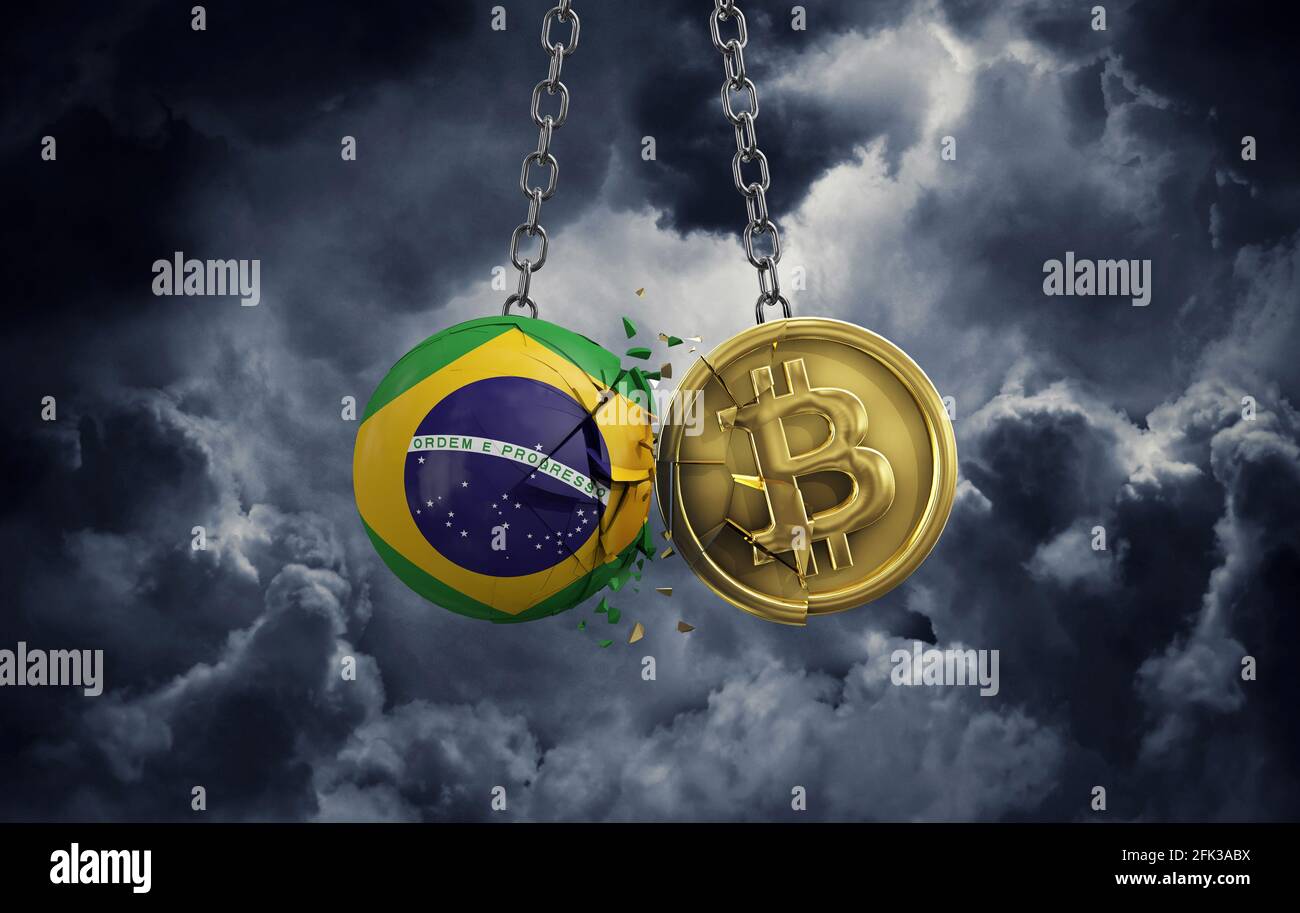 Brazil flag smashing into a gold bitcoin crypto coin. 3D Rendering Stock  Photo - Alamy