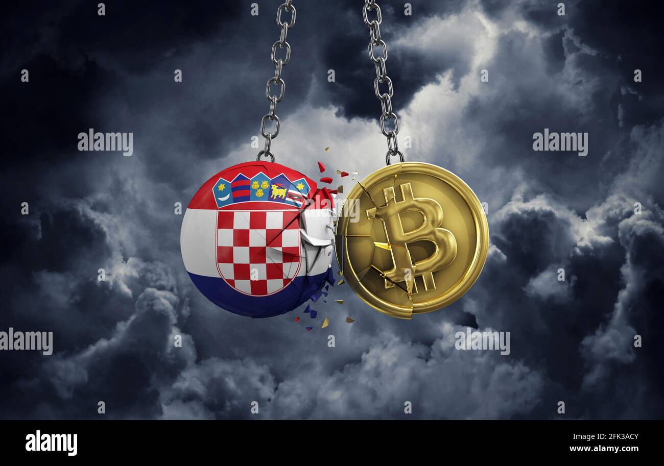 Croatia flag smashing into a gold bitcoin crypto coin. 3D Rendering Stock  Photo - Alamy