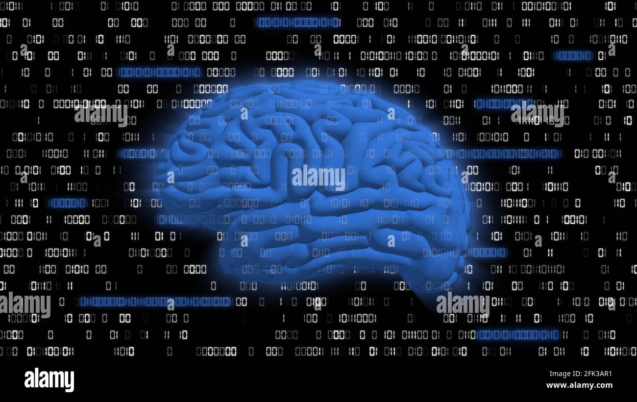 Human brain symbolic for AI Artificial Intelligence centered into background  of binary code with random directional blur of single digits Stock Photo -  Alamy