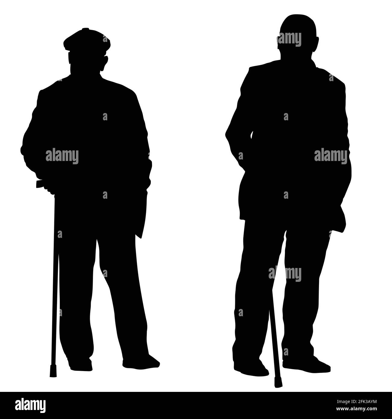 Two elderly people silhouette with canes on white background, vector illustration Stock Vector