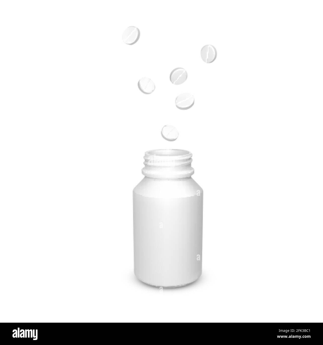 Realistic container with scattered tablets. White drug pills. Healthcare and medicine object for banner or poster. Vector Stock Vector