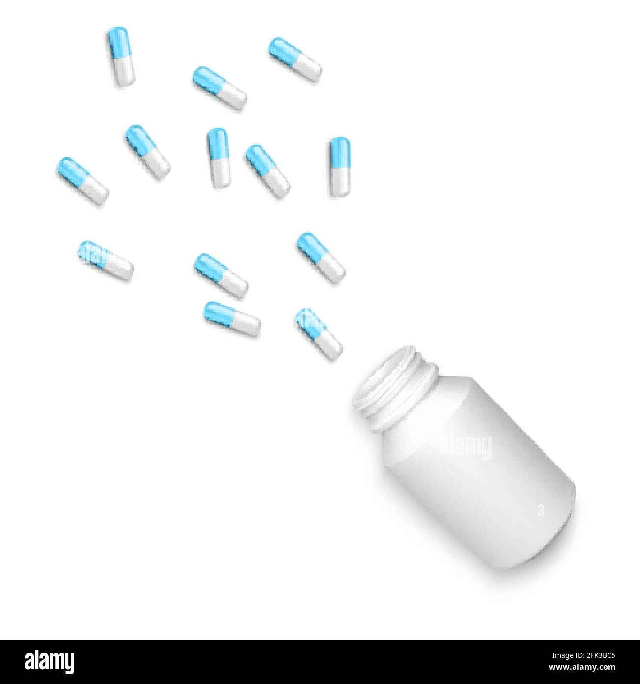 Realistic bottle with scattered tablets. White and blue drug capsules isolated on white background. Healthcare and medicine object for banner or poste Stock Vector