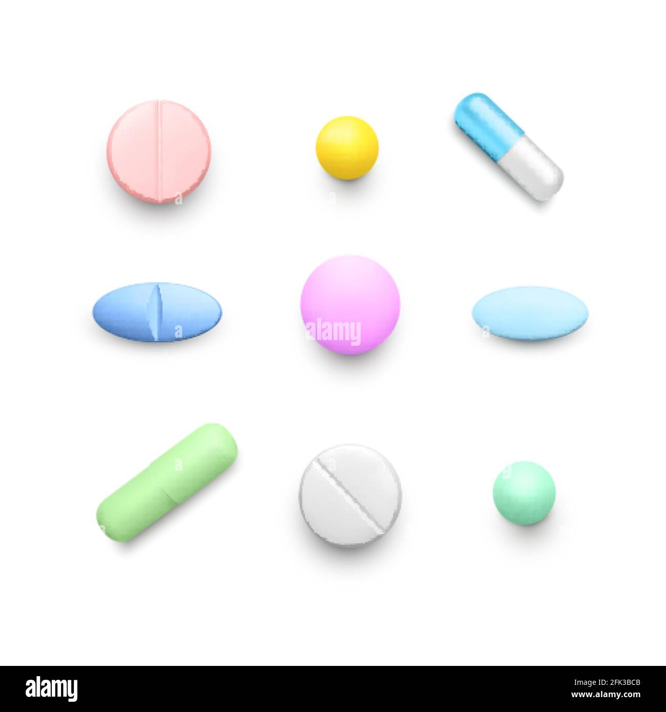 Realistic color pills. Set of color drug capsules. Pharmacy medicine