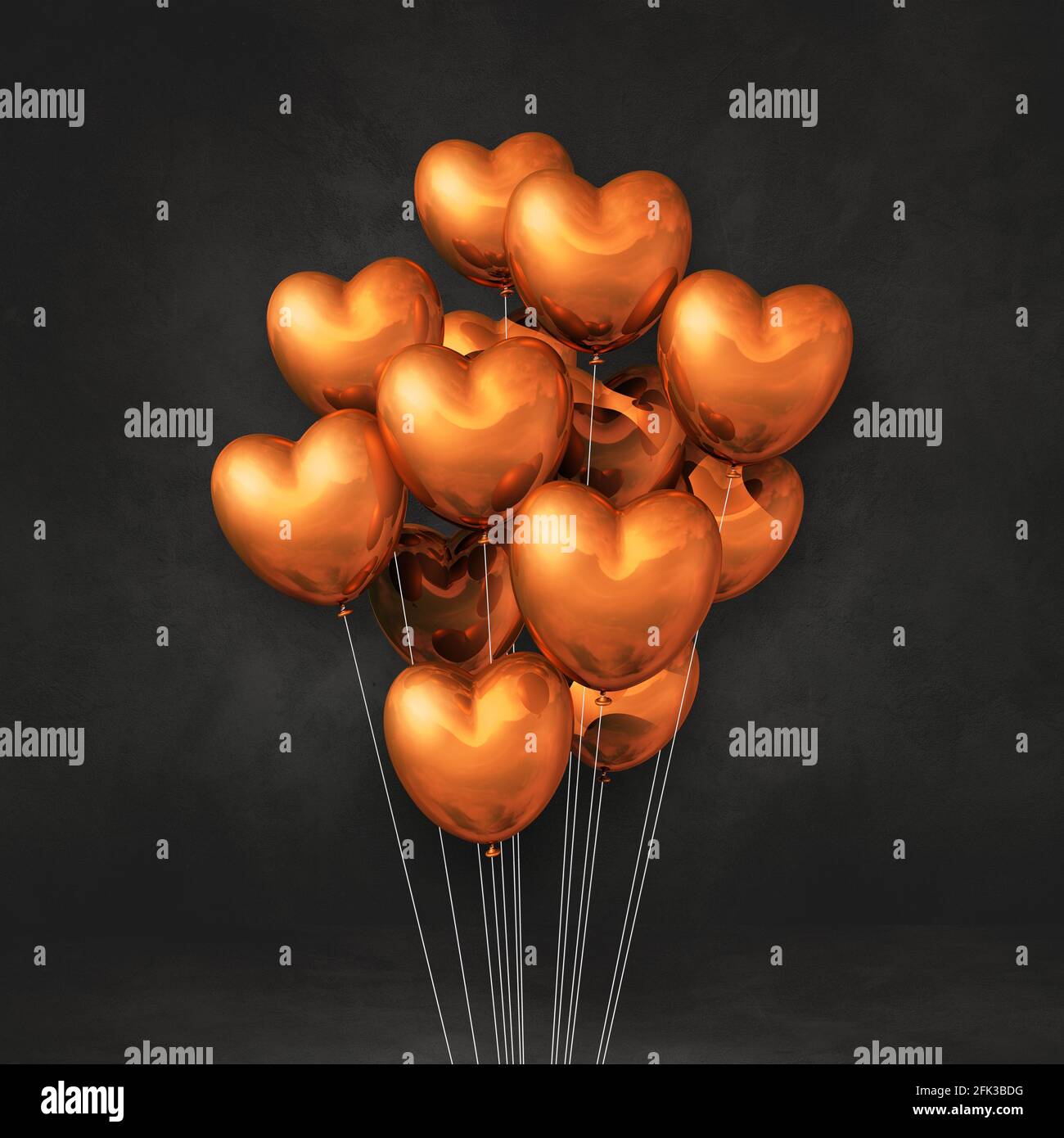 Copper heart shape balloons bunch on a black wall background. 3D ...