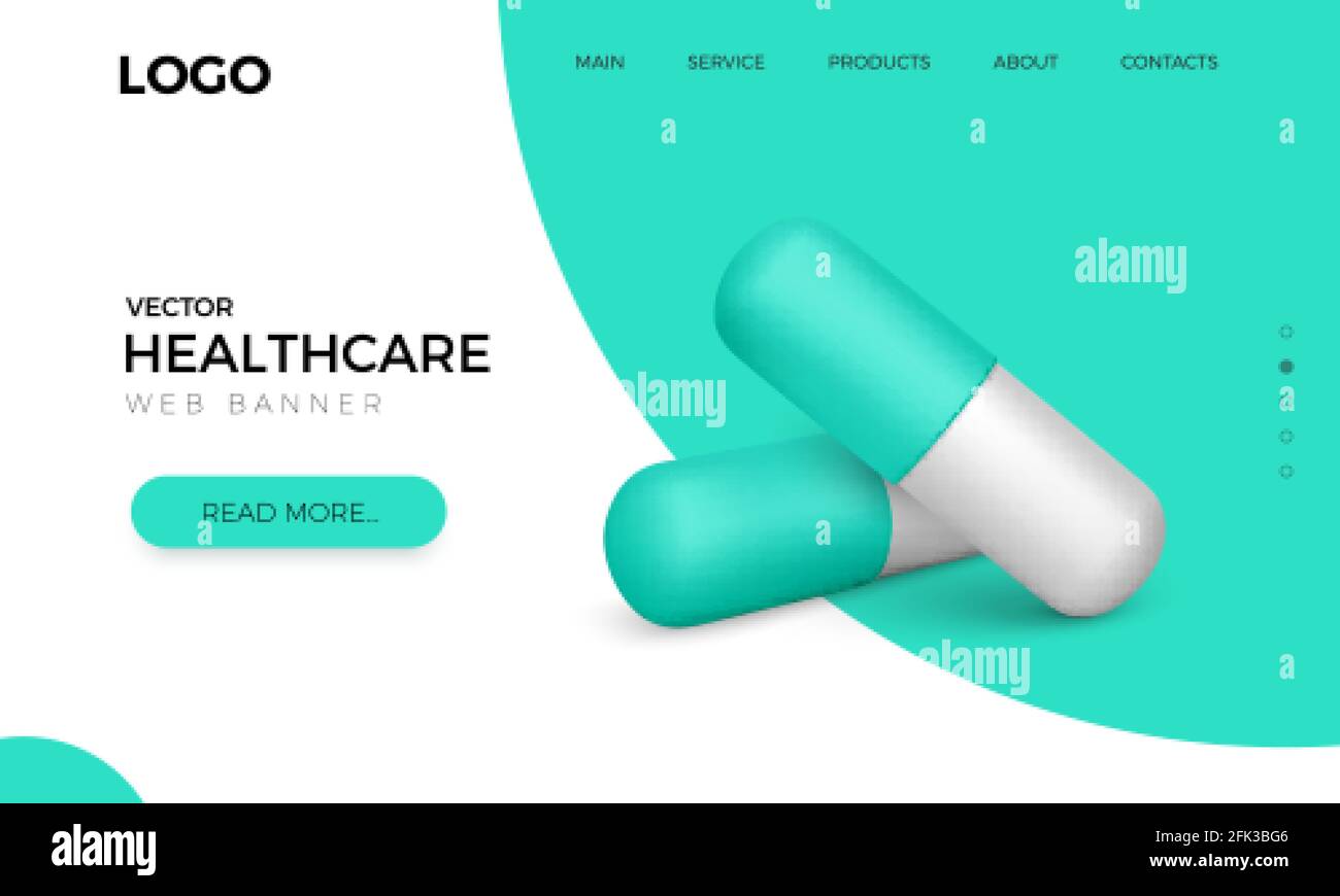  banner with realistic green capsule pills. Healthcare and medicine