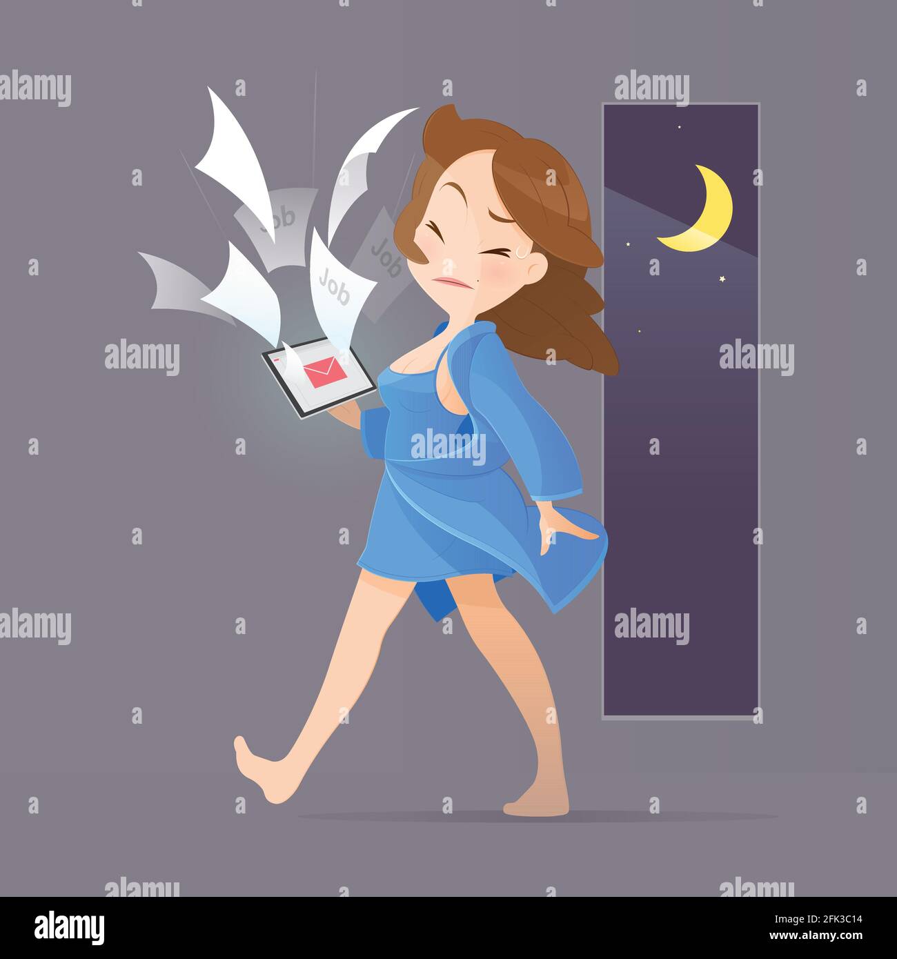 Cartoon young woman in blue nightwear shocked from document control jobs in laptop, Vector illustration, Concept with online jobs and communicate Stock Vector