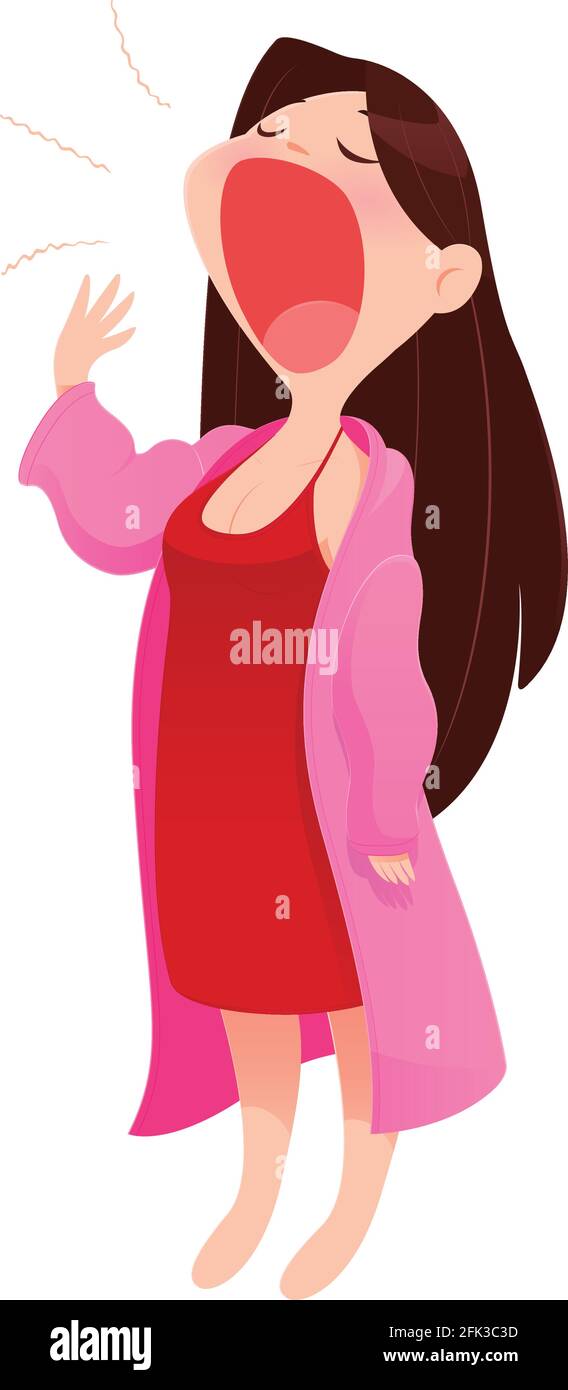 Illustration woman in nightwear and robe standing yawn, isolate on white background, Vector Cartoon Stock Vector