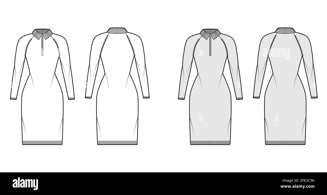 Zipup dress Sweater technical fashion illustration with rib henley neck, long sleeves, fitted