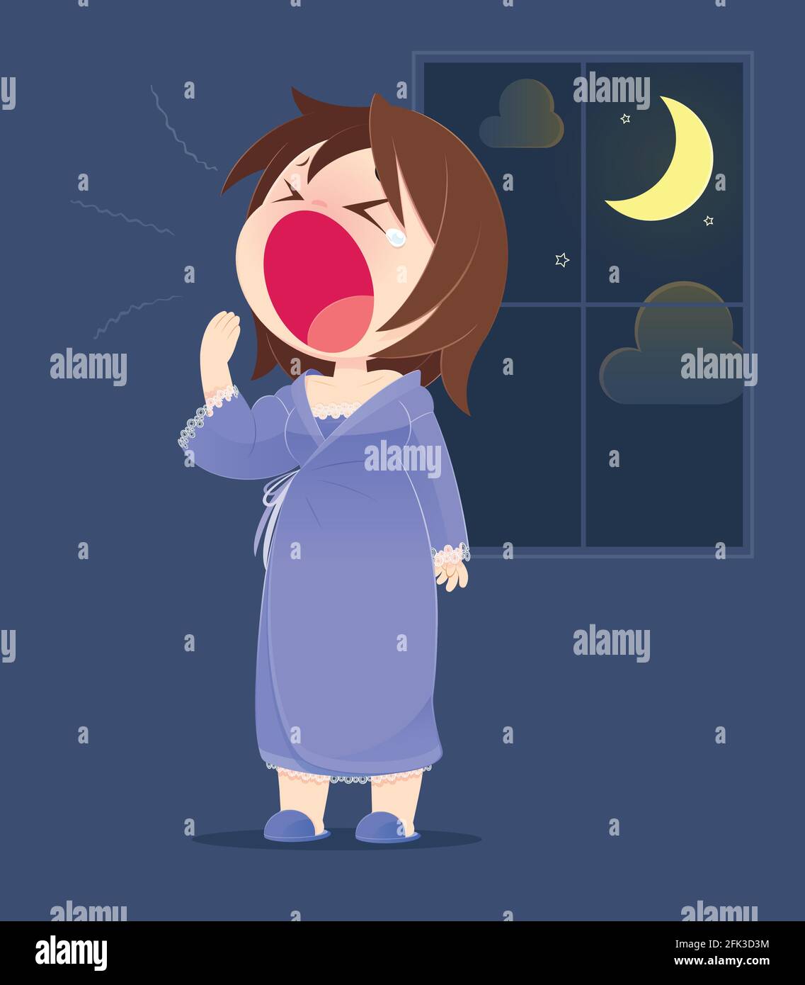 Cartoon Woman In Nightwear Yawning. Concept With Cartoon Design. Vector Illustration Stock Vector