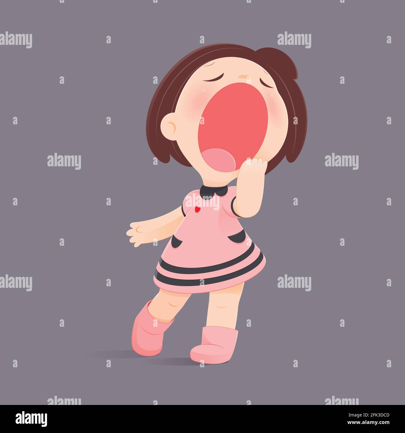 Cartoon Girl Yawning Against Gray Background, Sleepy, Vector