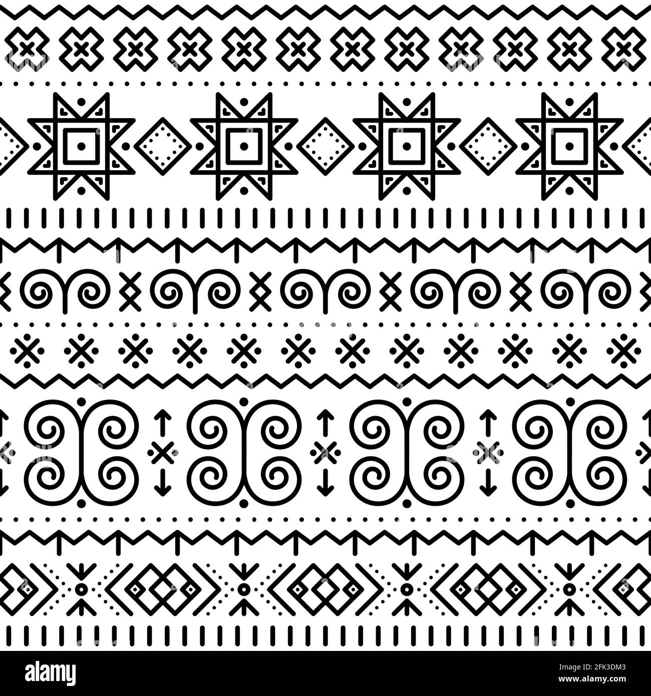 Slovak folk art vector seamless geometric black pattern on white with swirls, zig-zag shapes inspired by traditional painted art from village Cicmany Stock Vector