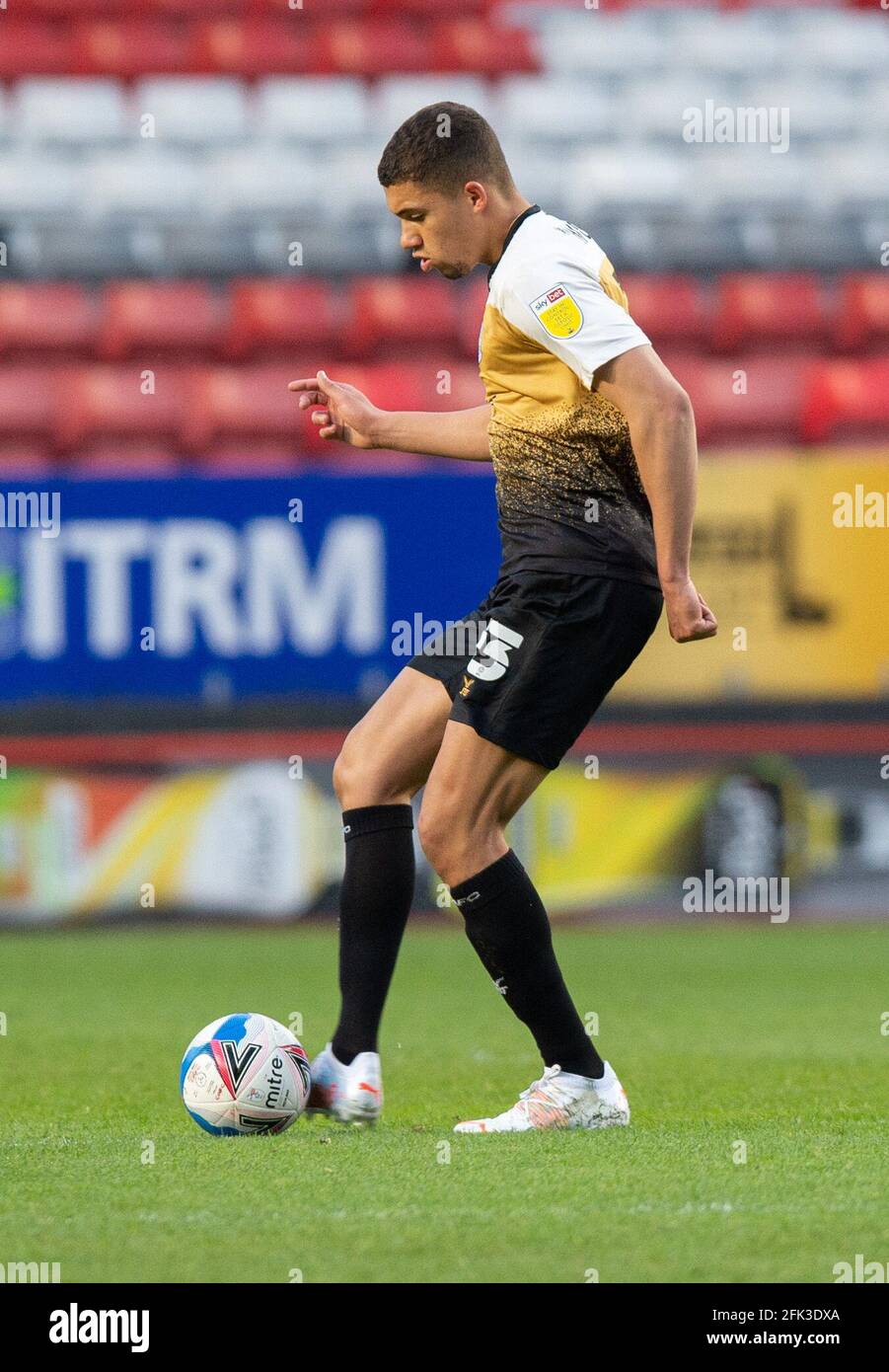 London, UK. 27th Apr, 2021. Nathan Wood of Crewe Alexandra during the Sky Bet League 1 behind closed doors match between Charlton Athletic and Crewe Alexandra at The Valley, London, England on 27 April 2021. Photo by Alan Stanford/PRiME Media Images. Credit: PRiME Media Images/Alamy Live News Stock Photo