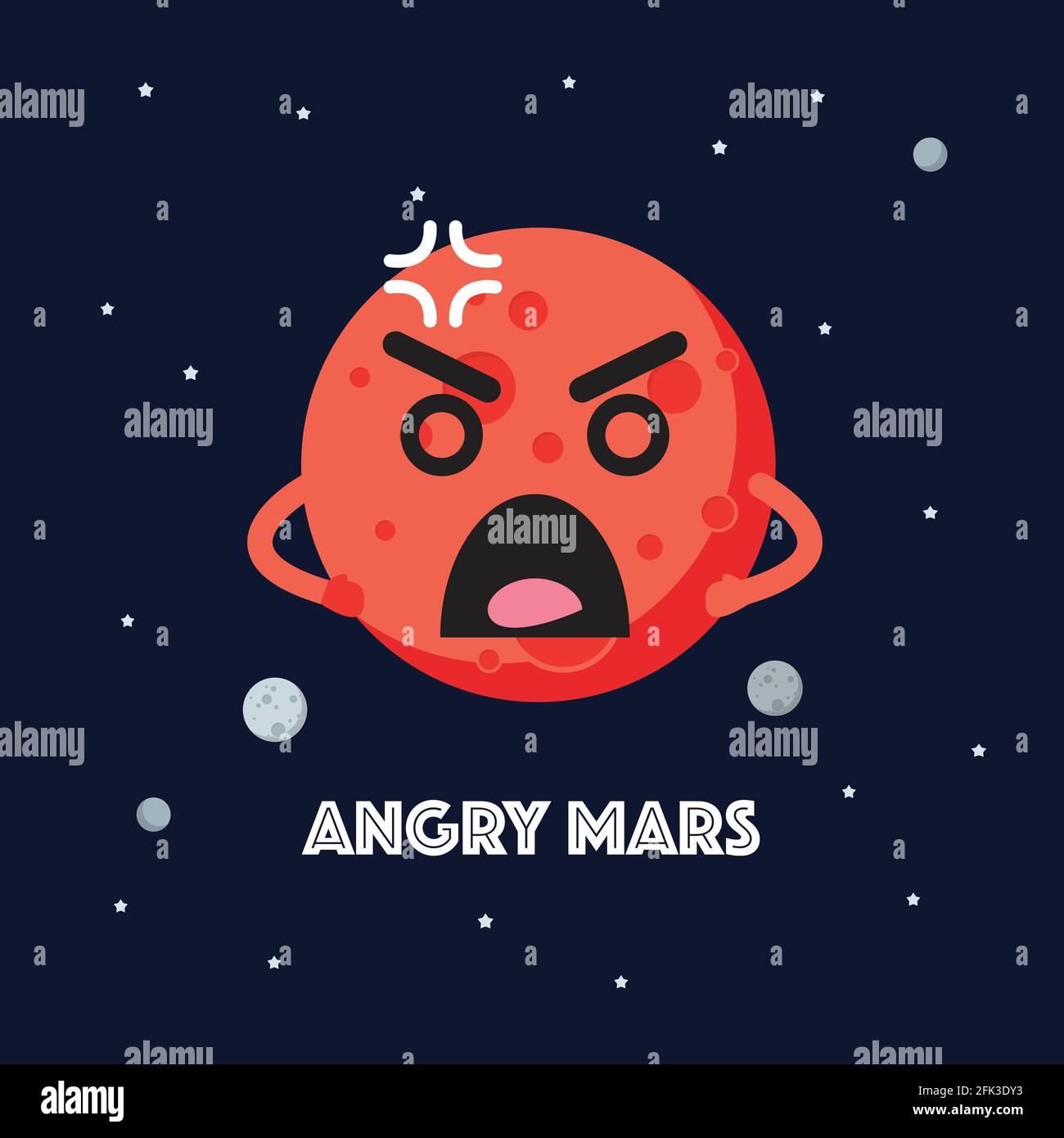 Angry mars character emoticon on space background. star and planets on galaxy background. Flat style vector illustration Stock Vector