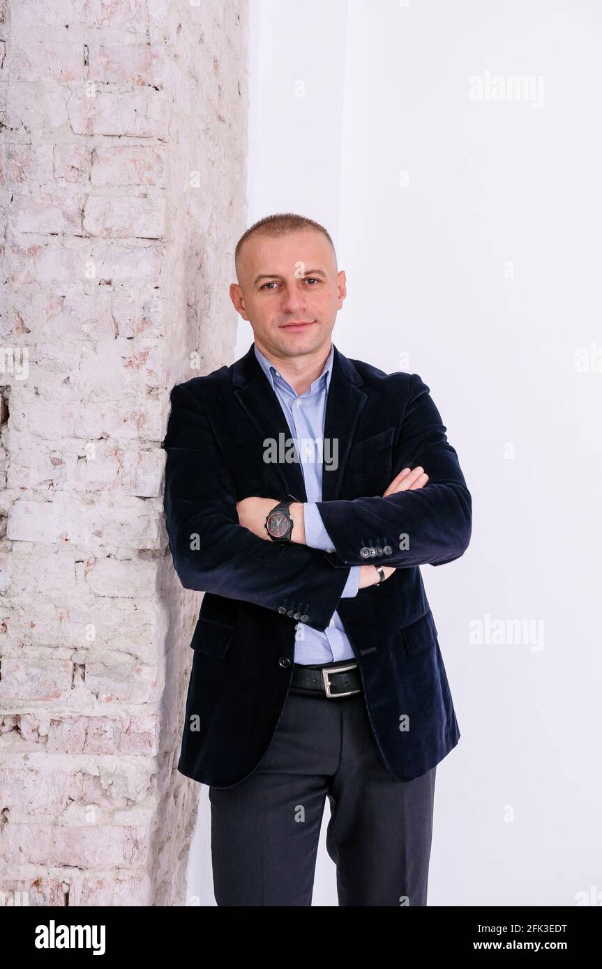 blue jacket black trousers