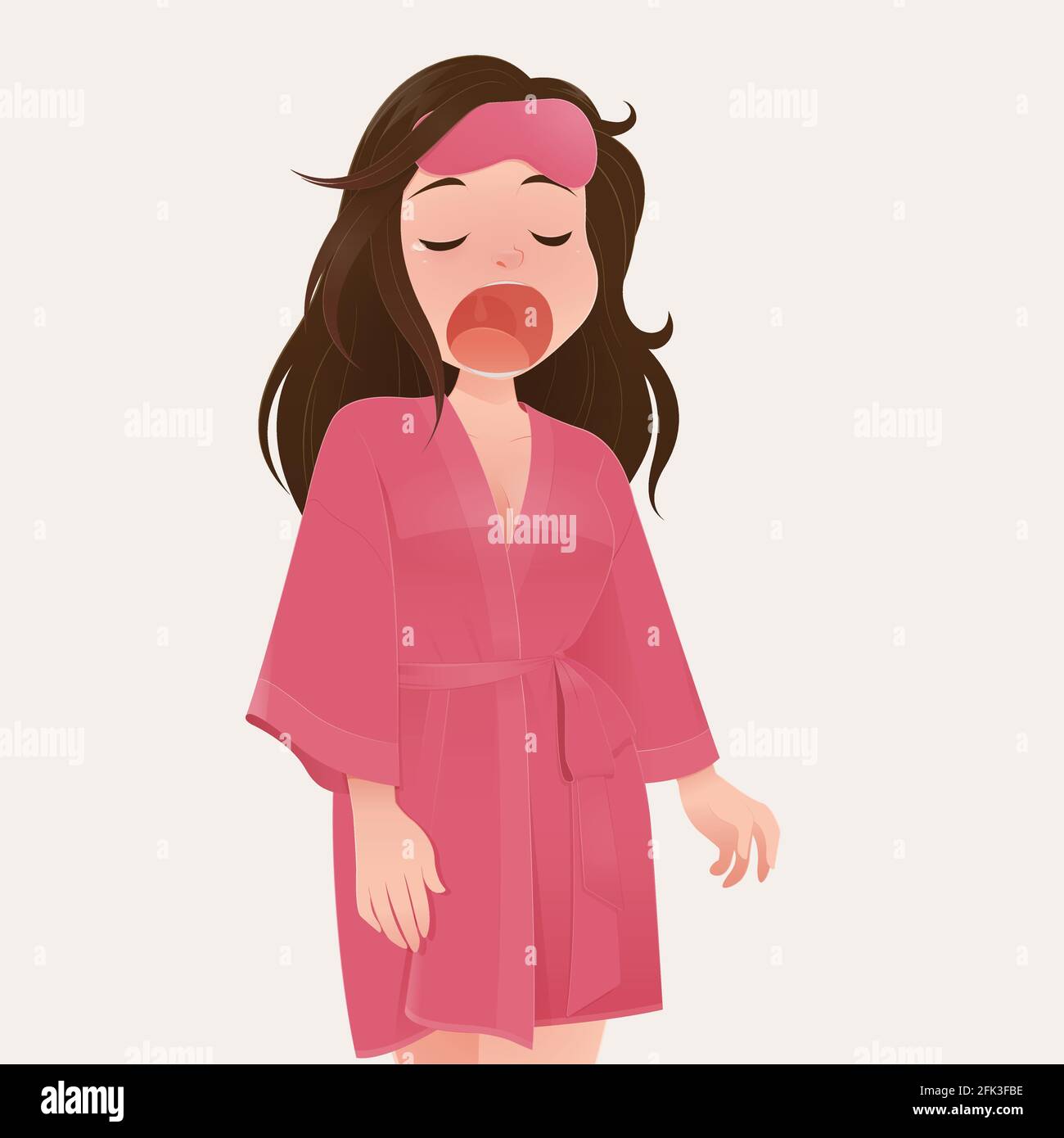 illustration woman in pink robe yawning against cream color background, People who wake up late, Cartoon and vector Stock Vector