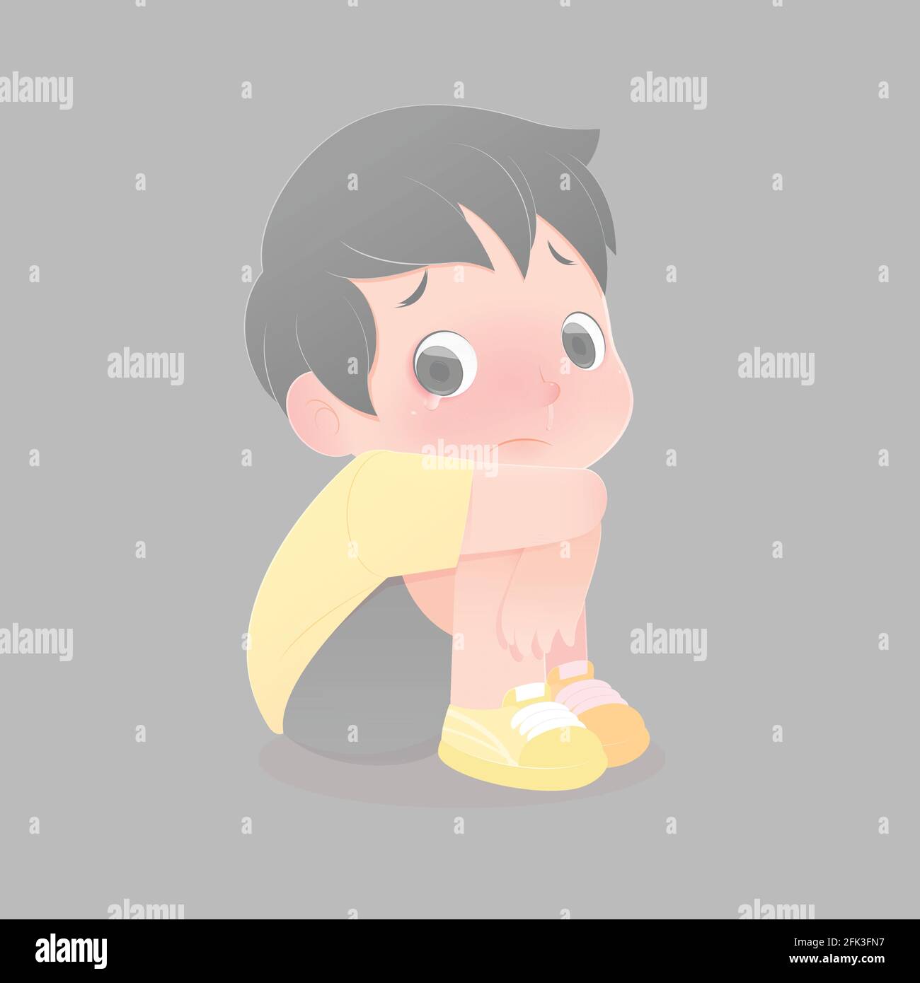 Illustration boy in depression sitting on floor and looking down, Sad ...