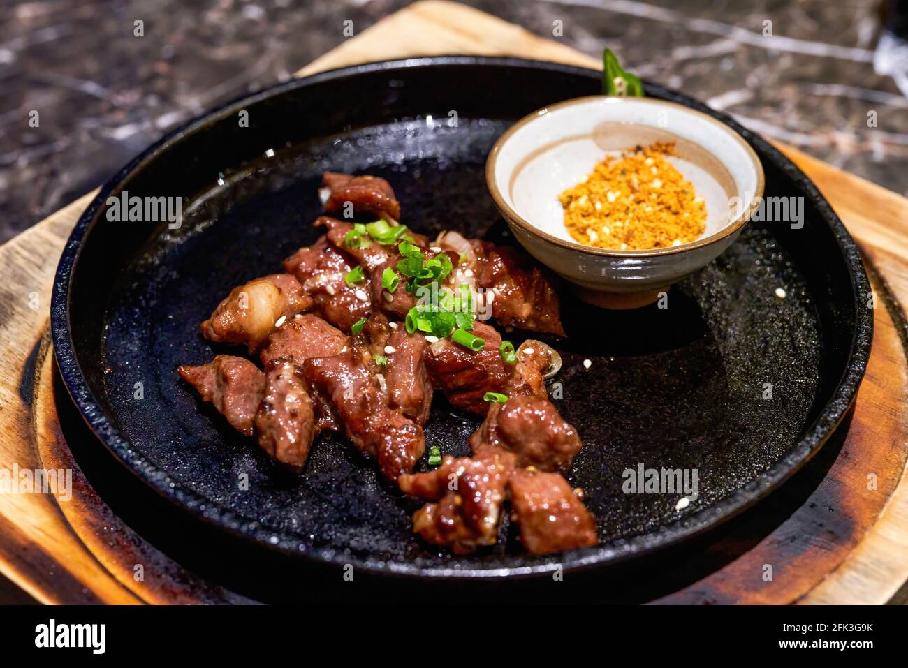 A delicious Japanese dish, panfried Japanese Wagyu beef Stock Photo