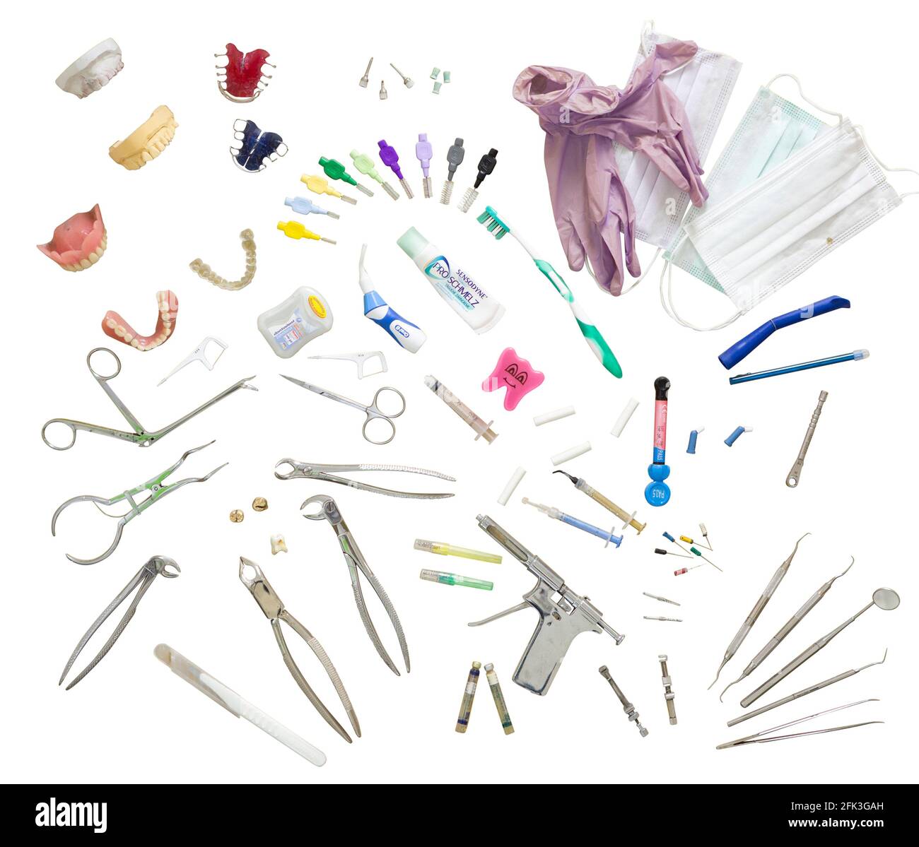 Alles, was ein Zahnarzt braucht. Werkzeuge und Hilfsmaterialien Stock Photo
