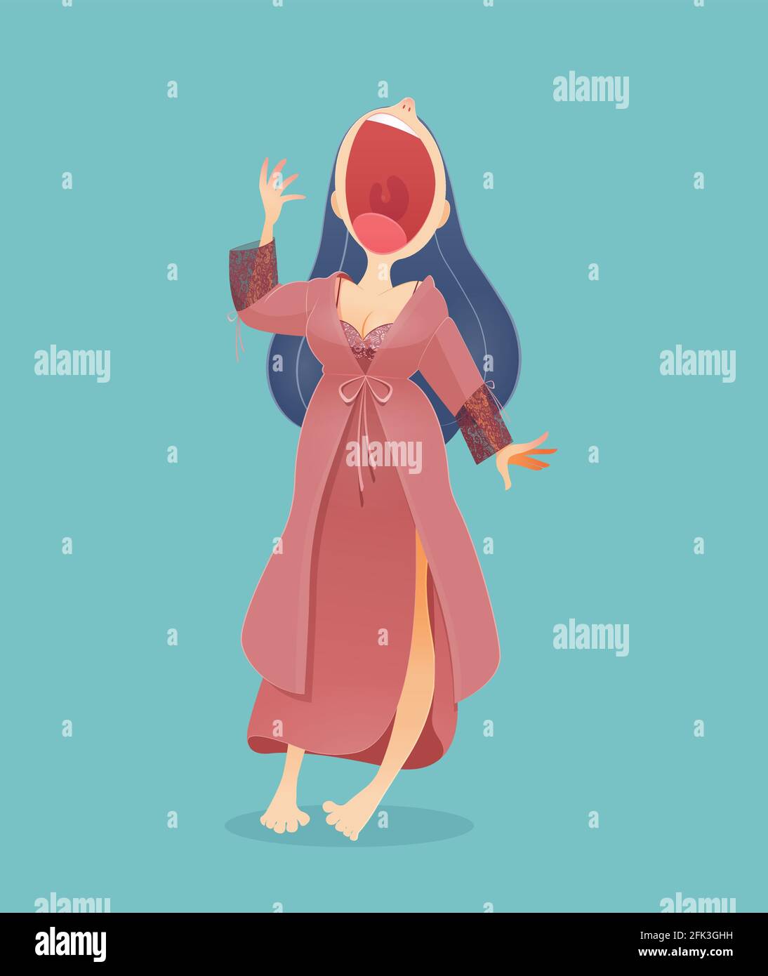 Cartoon woman in nightwear and robe standing yawn against blue background, Vector Cartoon Stock Vector