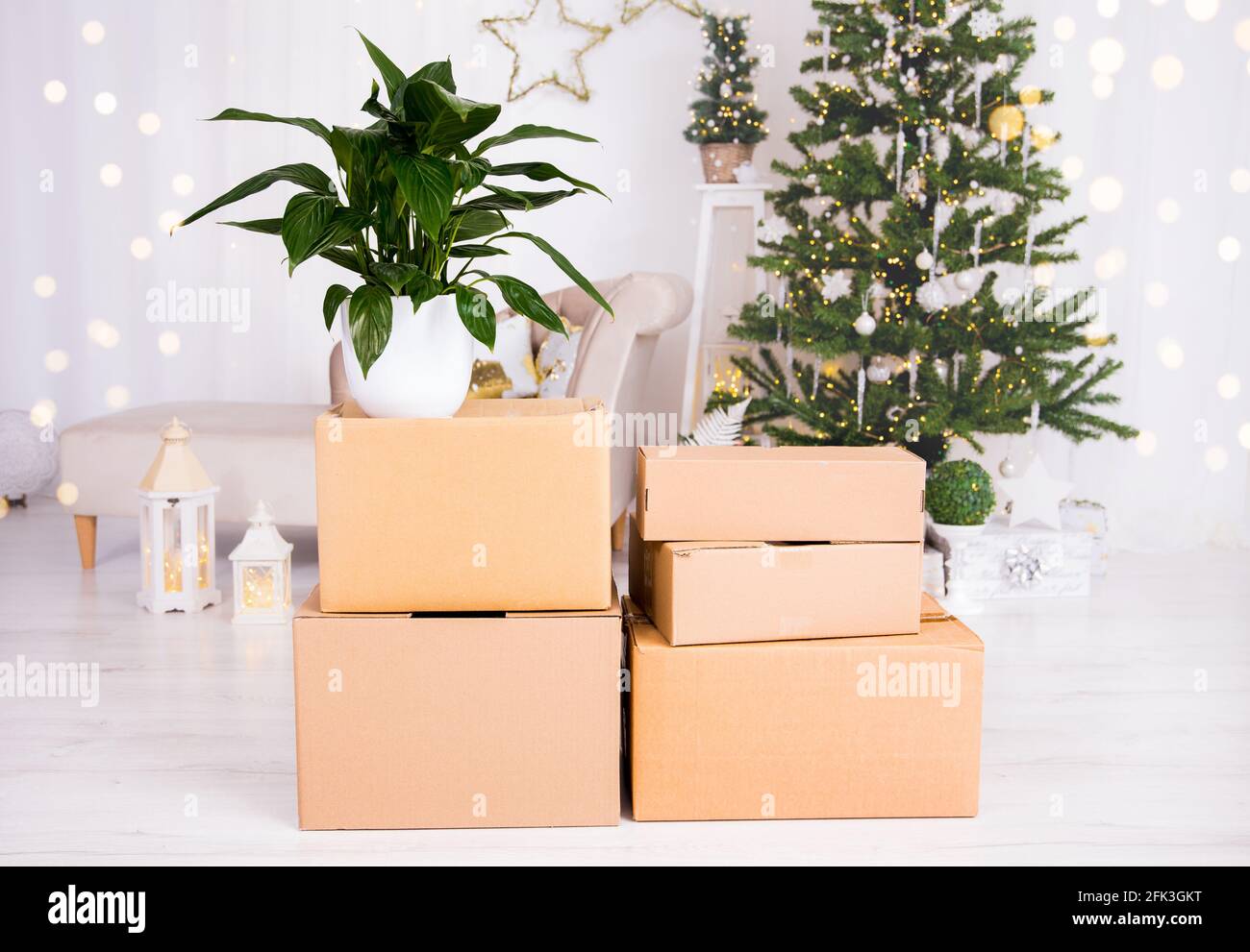 Moving in to new home for Christmas concept. Focus on cardboard relocation boxes and decorated Christmas tree with presents under it on the background Stock Photo