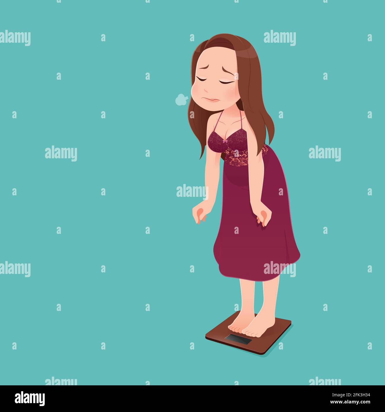 Woman character in long red nightwear with scale unhappy with her ...