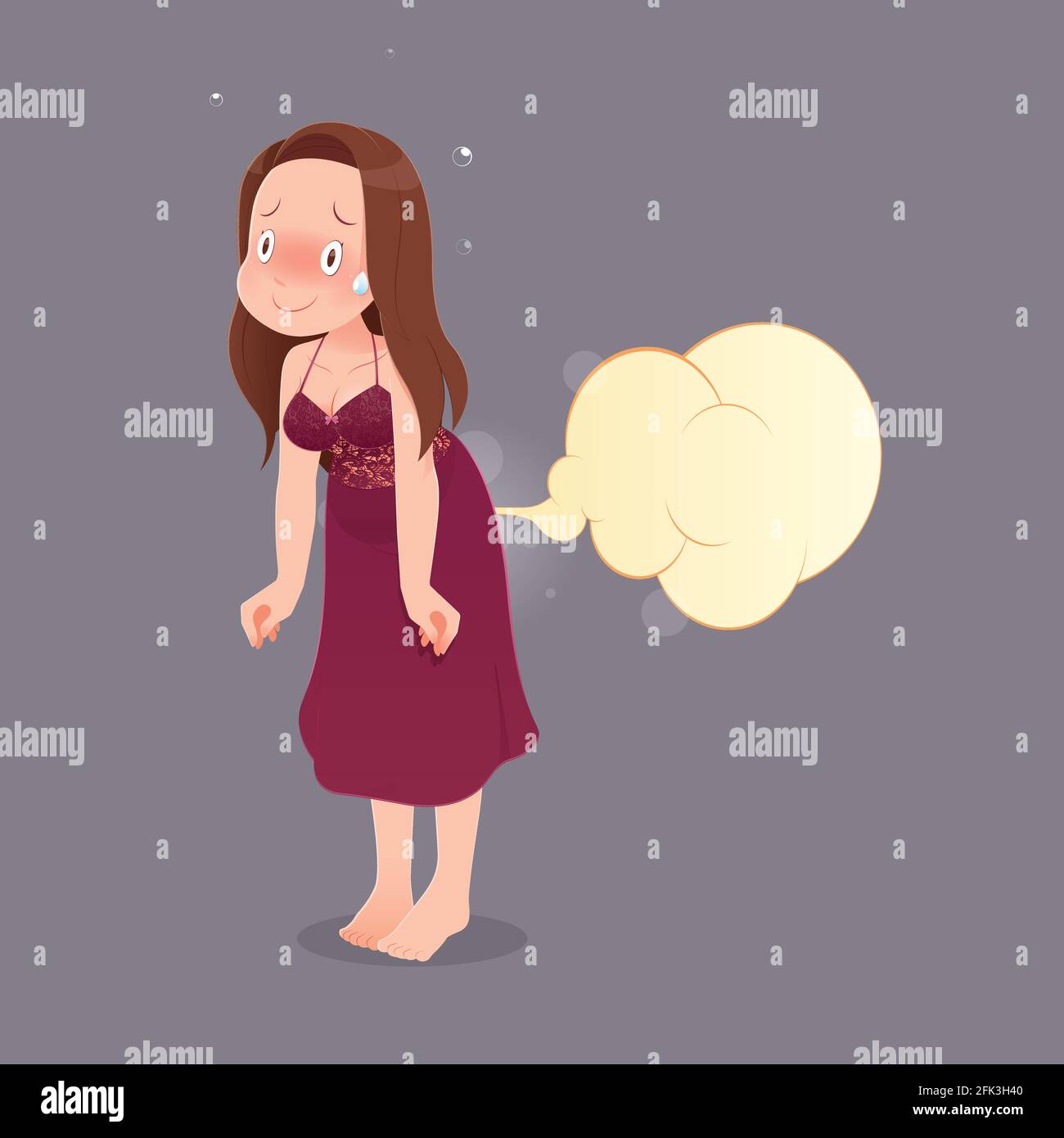 Cute Woman In Red Nightgown Farting With Blank Balloon Out From Her Bottom Against Gray 