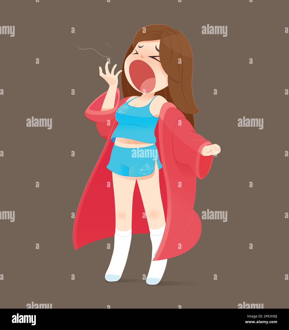 Illustration woman in blue pajamas and red robe standing yawn on brown background, Vector Cartoon Stock Vector