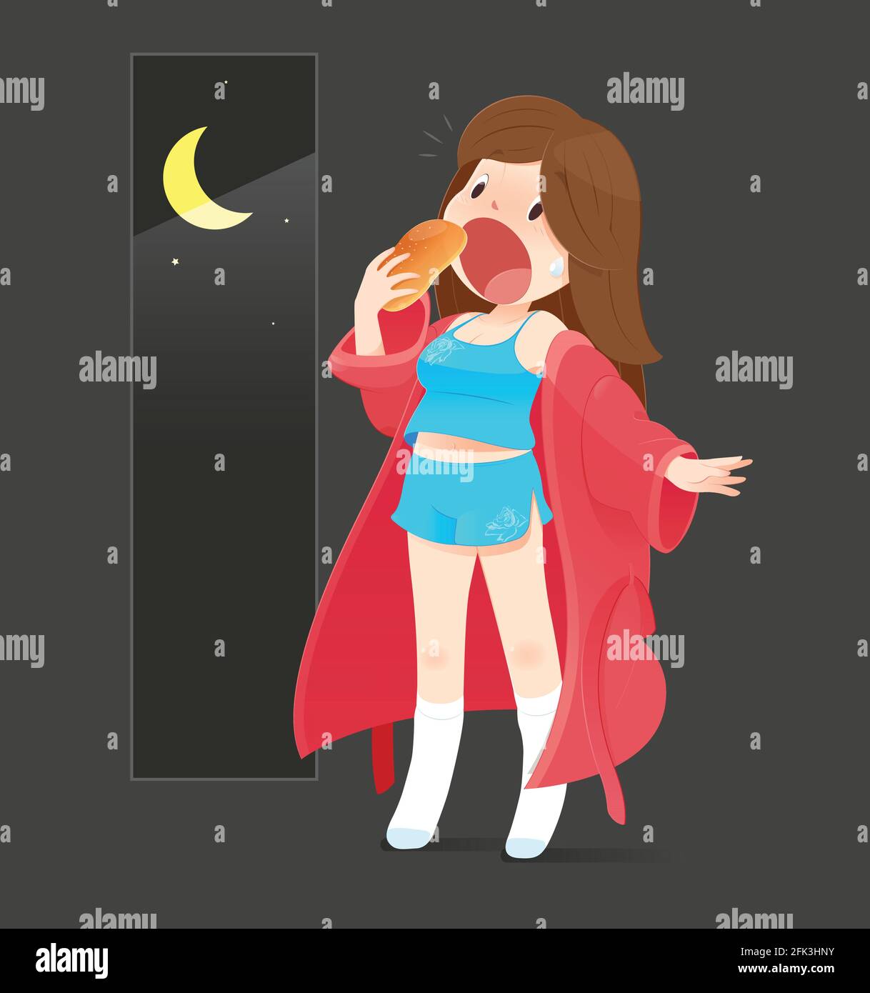 The woman is eating bread because she hungry at night, Illustration cute girl in blue nightwear and red robe, Cartoon vector Stock Vector