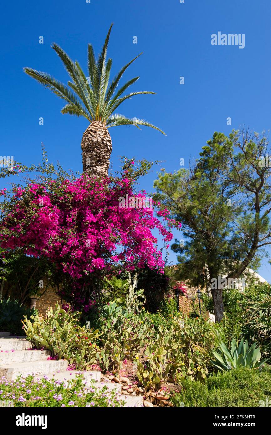 Agrigento, Sicily, Italy. Colourful gardens of the historic Baglio della Luna boutique hotel. Stock Photo