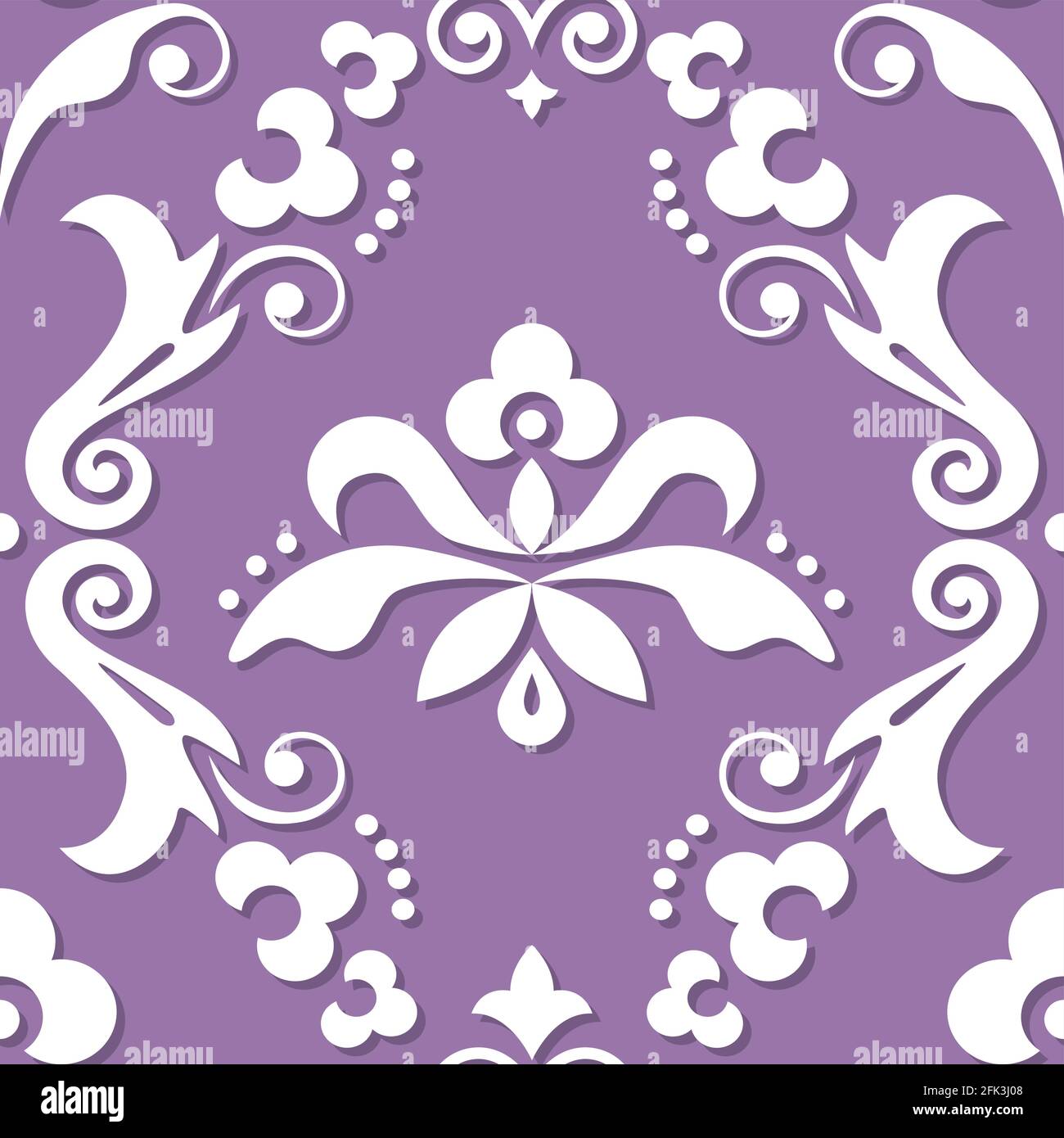 Damask royal vector seamless textile or farbic print pattern, classic victorian repetitive design with flowers, swirls and leaves in white on purple Stock Vector