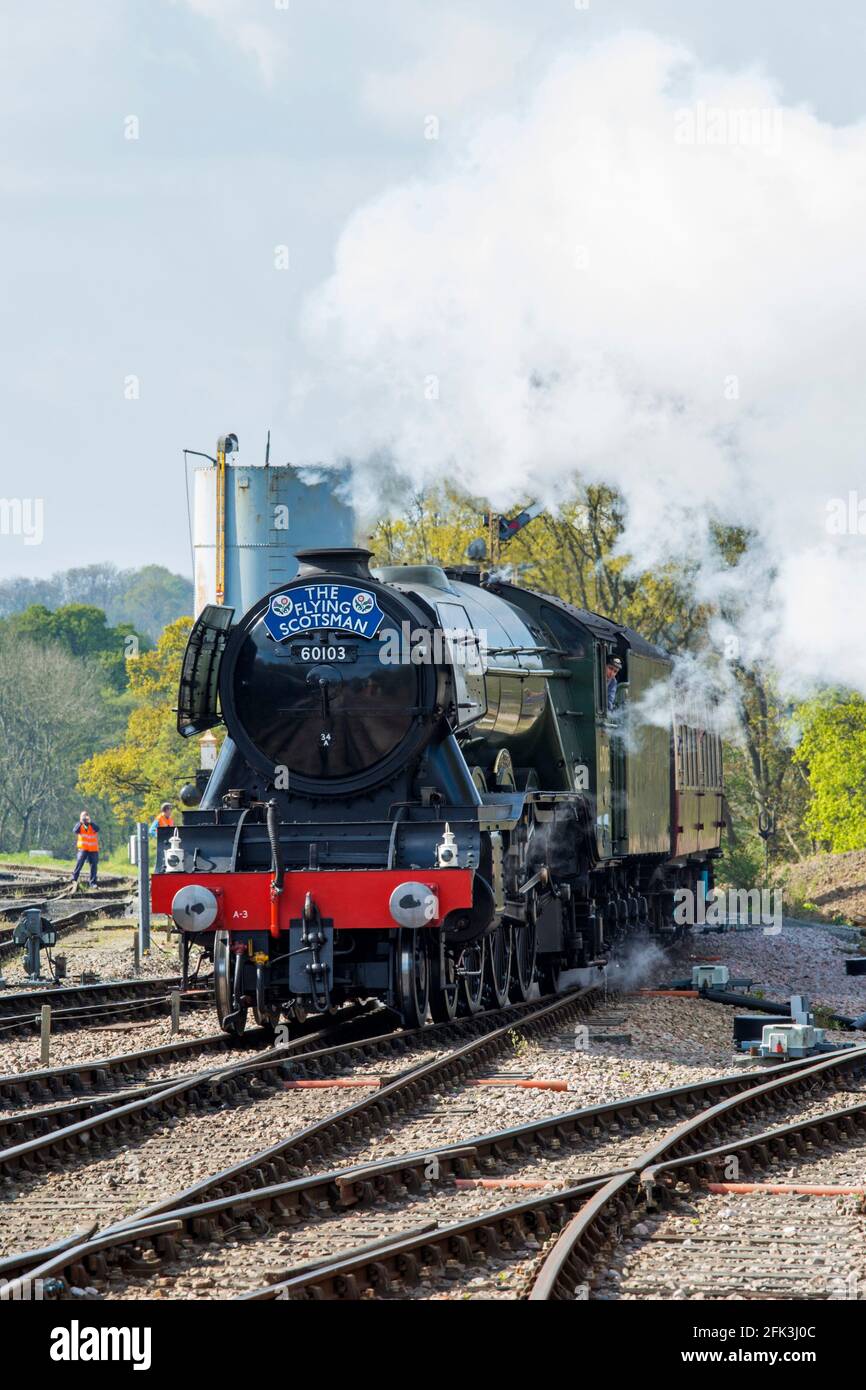 Horsted Keynes, West Sussex, England. Iconic 1923 LNER A3 Pacific Class steam locomotive, the Flying Scotsman, on the Bluebell Railway line. Stock Photo