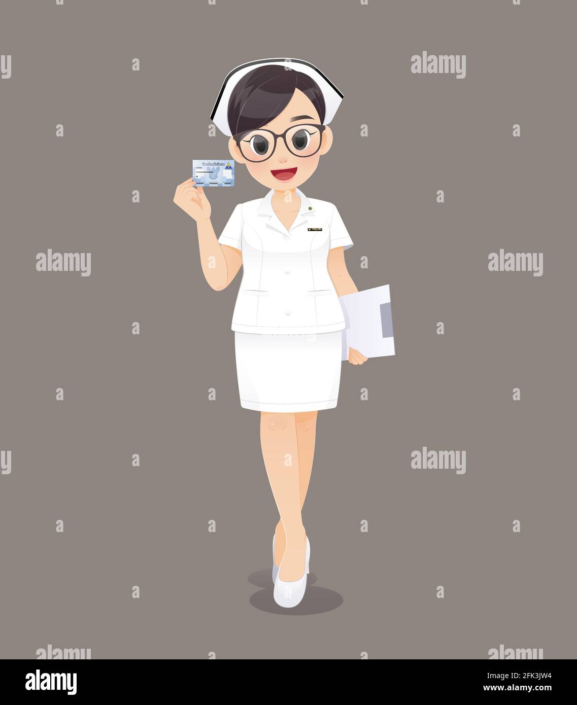 Cartoon woman doctor or nurse wearing brown glasses in white uniform holding Health insurance card on brown background, Smiling female nursing staff, Stock Vector