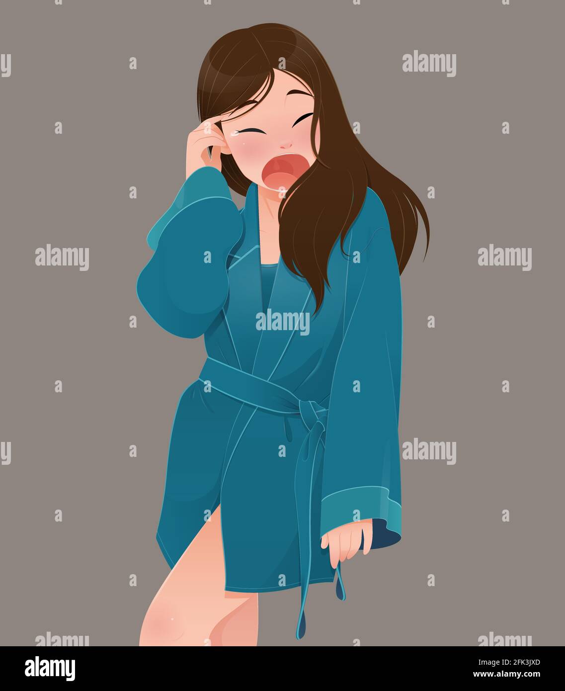 illustration woman in green robe yawning against the brown color background, People who wake up late, Cartoon and vector Stock Vector