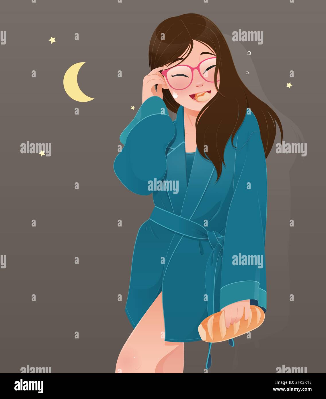 Illustration woman in green nightwear eating bread against the brown
