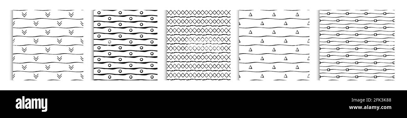 Seamless strokes hand made pattern set. 5 black white vector patterns for web, fabric, wrapping paper Stock Vector