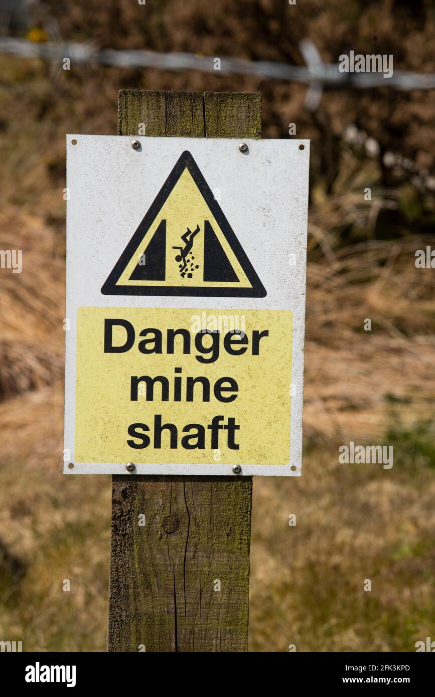 Dangerous Mine Shaft Sign, Cornwall Stock Photo