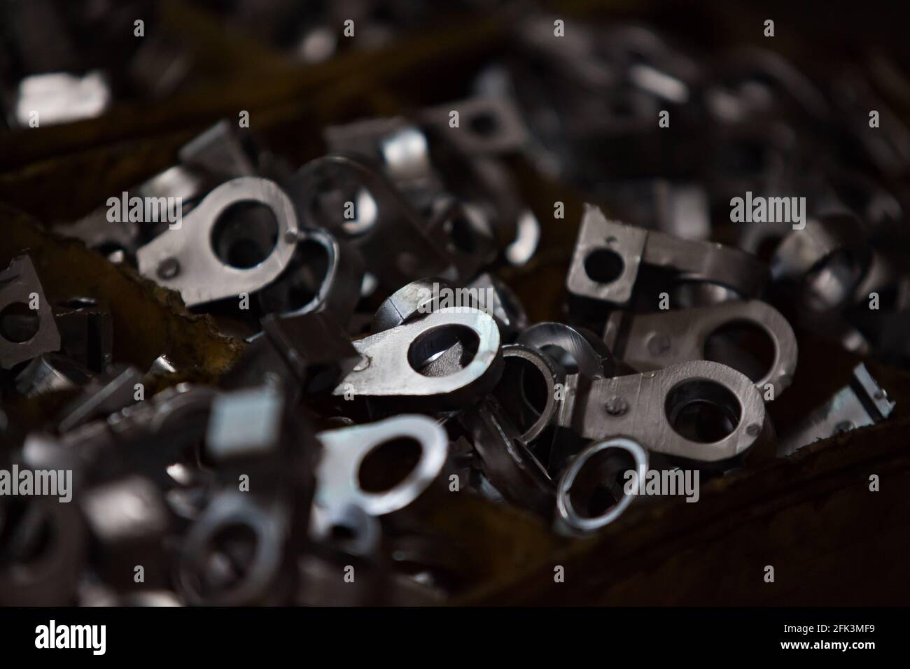 Close-up photo heap of accumulator terminals. Rechargeble battery recycling plant. Kazakhstan, Taldykorgan. Stock Photo