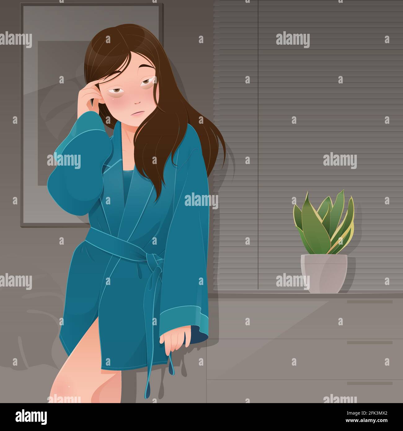 illustration woman in green robe suffering from insomnia in the room at night, People who wake up late, Cartoon and vector Stock Vector