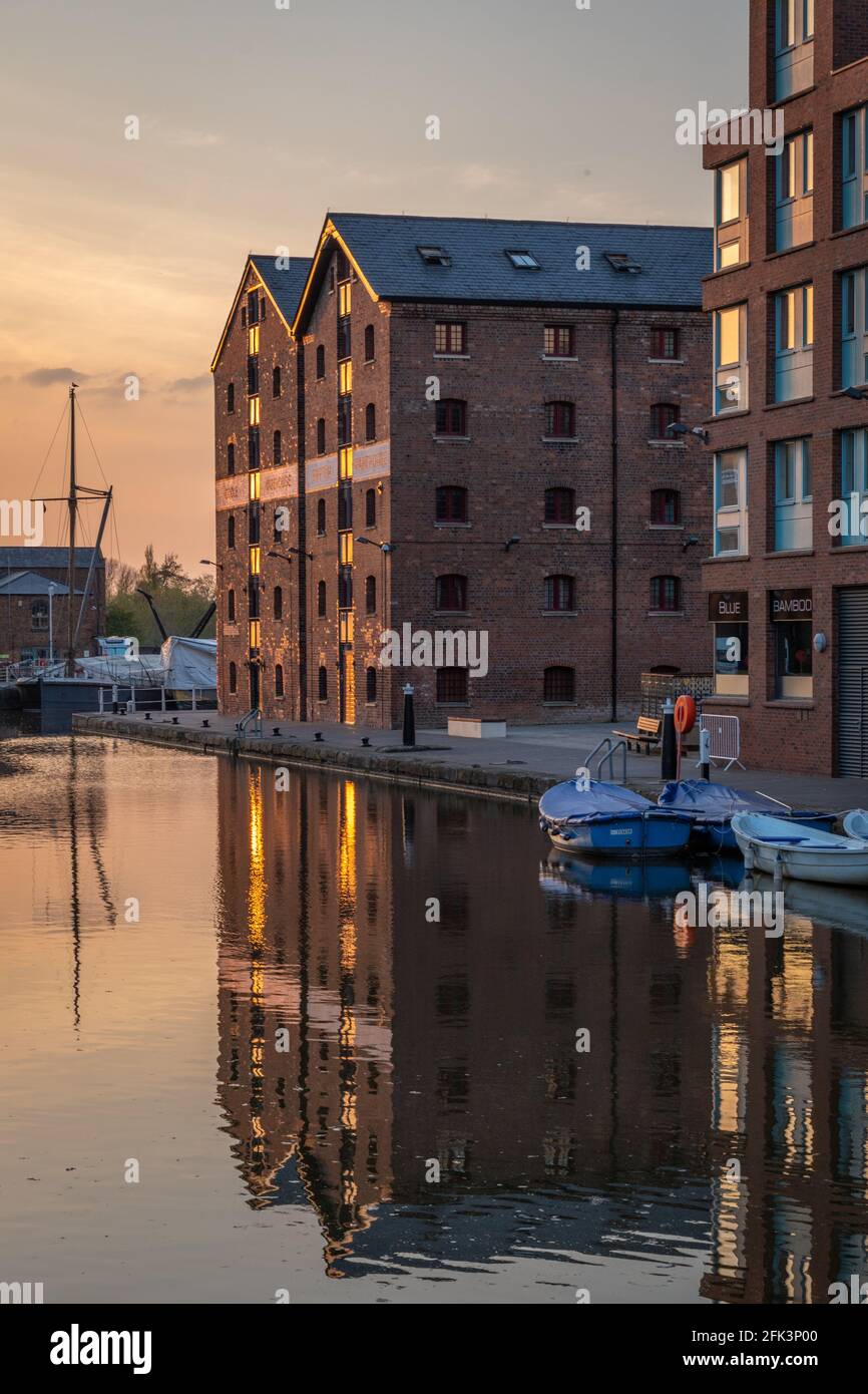 Gloucester Docks in the Evening with Reflections of Warehouses Stock Photo
