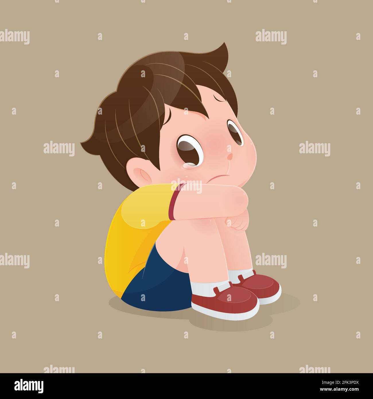 Illustration of a boy in a yellow shirt sitting crying on the floor, Cartoon kid sitting alone with sad feeling at home, Concept with vector design Stock Vector