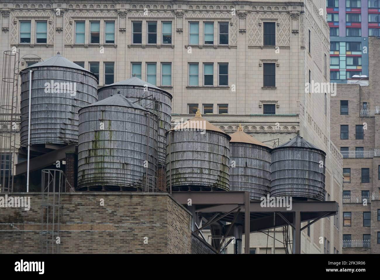 Travel USA: Iconic New York City roof water tanks Stock Photo